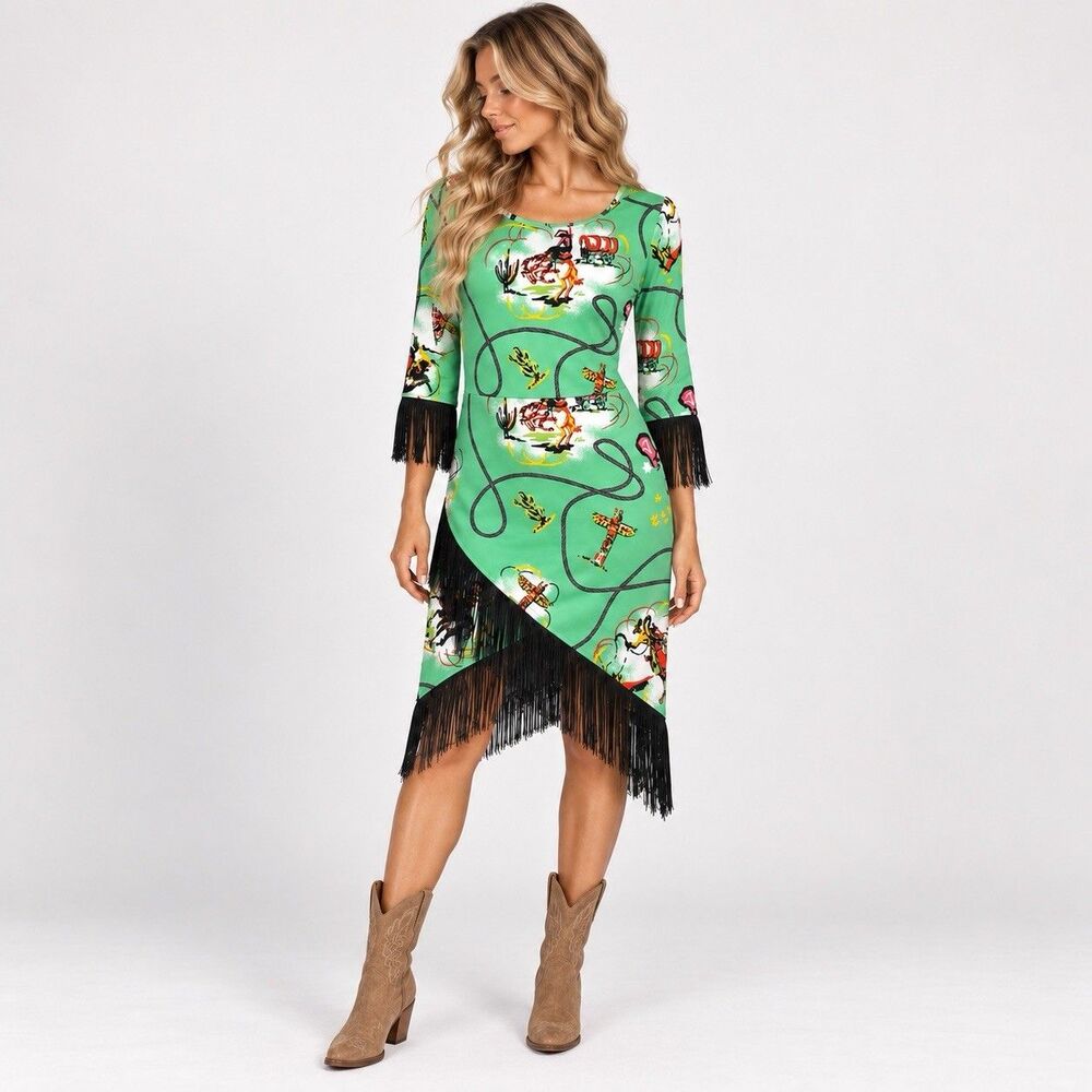 Wrangler Western Rodeo Fringe Dress Green Cowboy Print Women’s S NWT